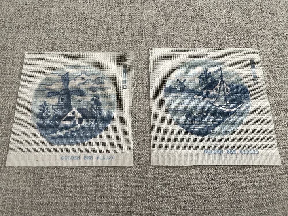 Set Of 2 Completed Needlepoint Canvases Blue Delft Dutch Windmill Sailboat 4.5”
